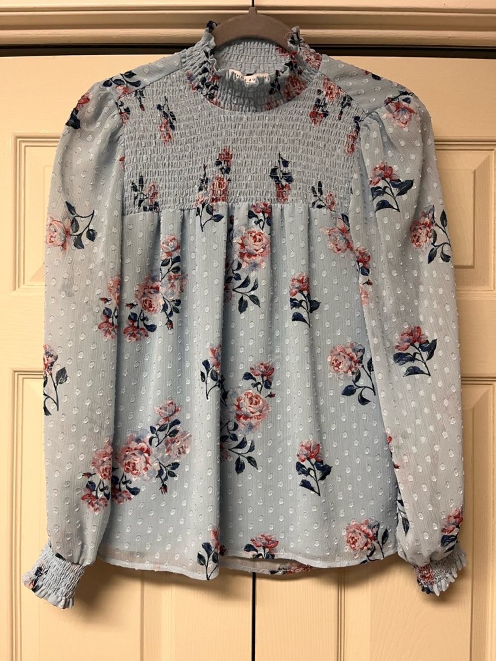 Smocked High-Neck Floral Blouse - Light Blue